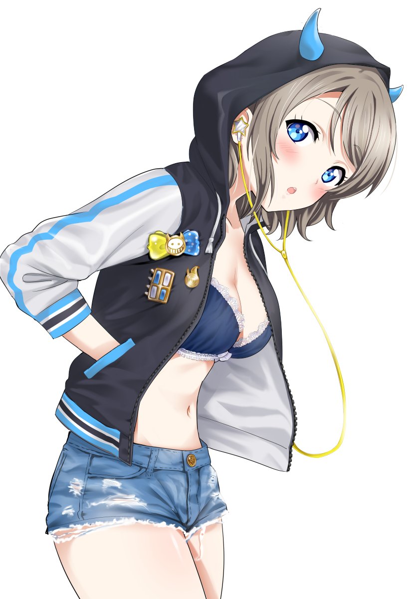 :o badge bangs blue_bra blue_eyes blush bow bow_bra bra breasts brown_hair cleavage cutoffs denim denim_shorts earphones eyebrows_visible_through_hair hand_in_pocket highres hood hooded_jacket horned_hood jacket lace lace-trimmed_bra looking_at_viewer love_live! love_live!_sunshine!! medium_breasts midriff navel rozen5 short_hair short_shorts shorts simple_background solo star underwear watanabe_you white_background