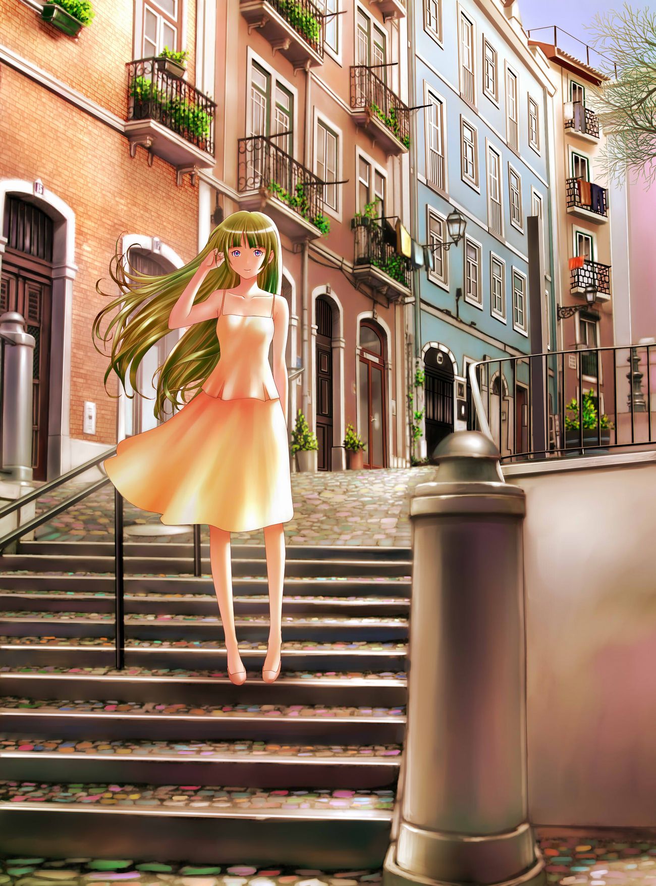 blonde_hair clothes commentary day dress hand_in_hair highres house lamppost landscape long_hair original portugal purple_eyes road smile stairs street translated tree wind yusao