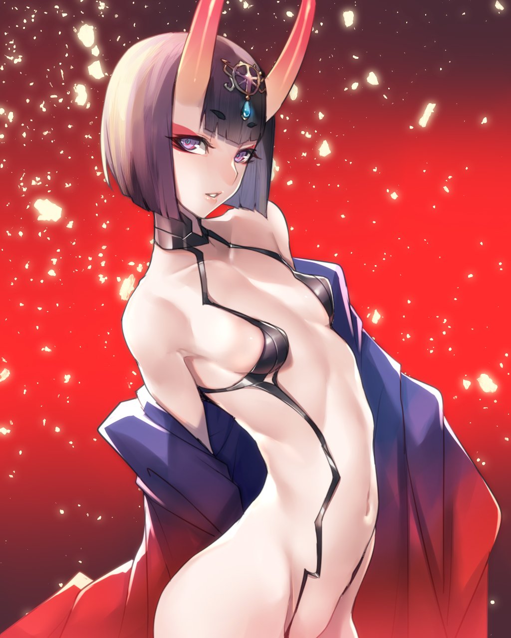 ban bangs bob_cut breasts commentary_request eyebrows_visible_through_hair eyeshadow fate/grand_order fate_(series) headpiece highres hips horns japanese_clothes jewelry kimono looking_at_viewer looking_to_the_side makeup navel off_shoulder oni oni_horns open_clothes open_kimono parted_lips purple_eyes purple_hair purple_kimono revealing_clothes short_eyebrows short_hair shuten_douji_(fate/grand_order) small_breasts solo