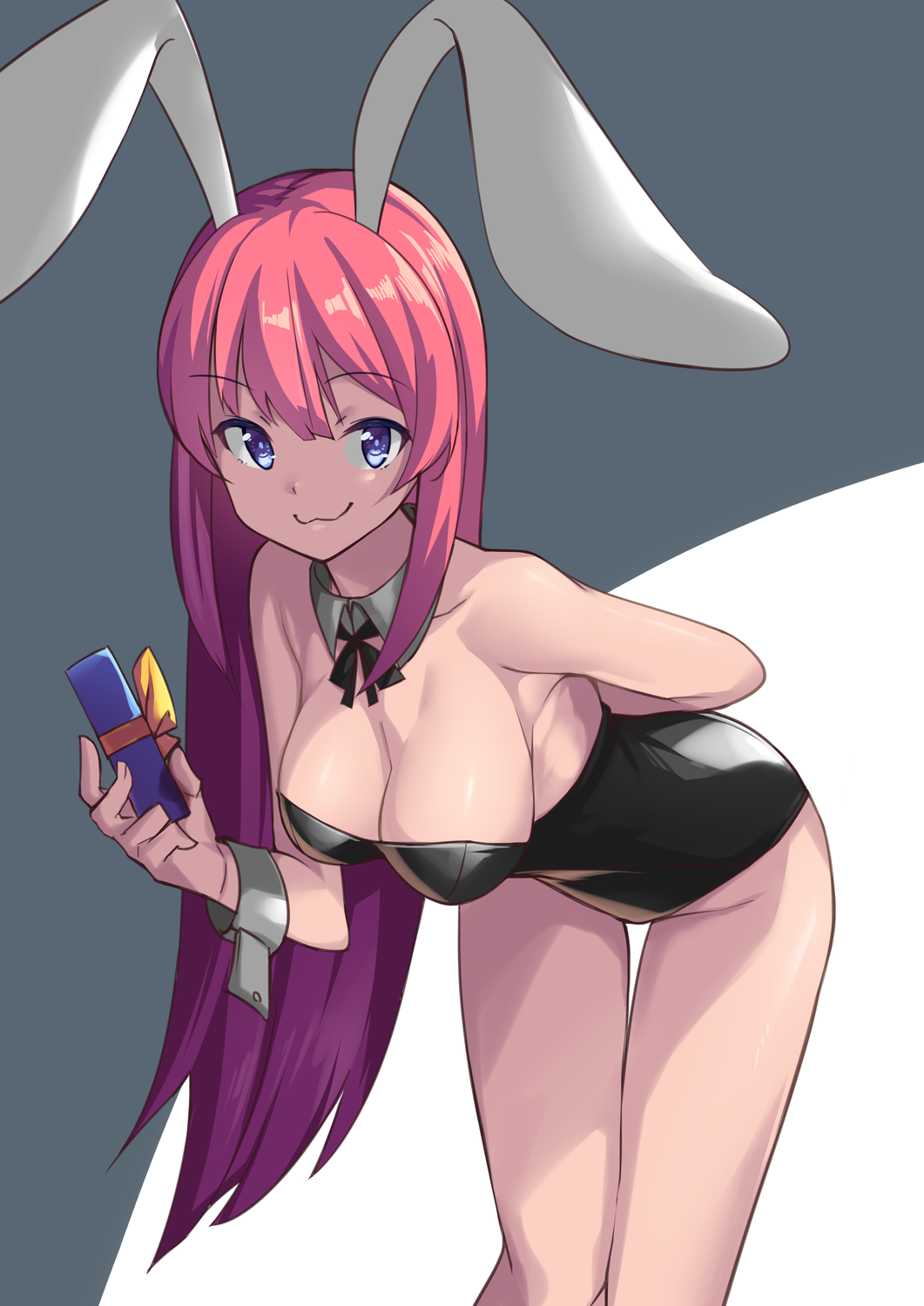 :3 animal_ears arm_behind_back bangs bare_shoulders bent_over black_leotard blue_eyes breasts bunny_ears bunnysuit cleavage closed_mouth detached_collar eyebrows_visible_through_hair gift highres holding holding_gift leotard long_hair looking_at_viewer medium_breasts original pink_hair saiste sidelocks smile solo thighs wrist_cuffs