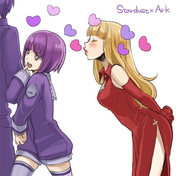 2girls arms_behind_back bangs bare_shoulders blonde_hair bob_cut brother_and_sister cherico closed_eyes dress elbow_gloves elysion frater gloves heart heart-shaped_pupils long_dress long_hair long_sleeves multiple_girls open_mouth puckered_lips purple_eyes purple_hair red_dress red_gloves sailor_collar short_hair siblings side_slit sleeveless sleeveless_dress soror sound_horizon stella_(sound_horizon) symbol-shaped_pupils thighhighs