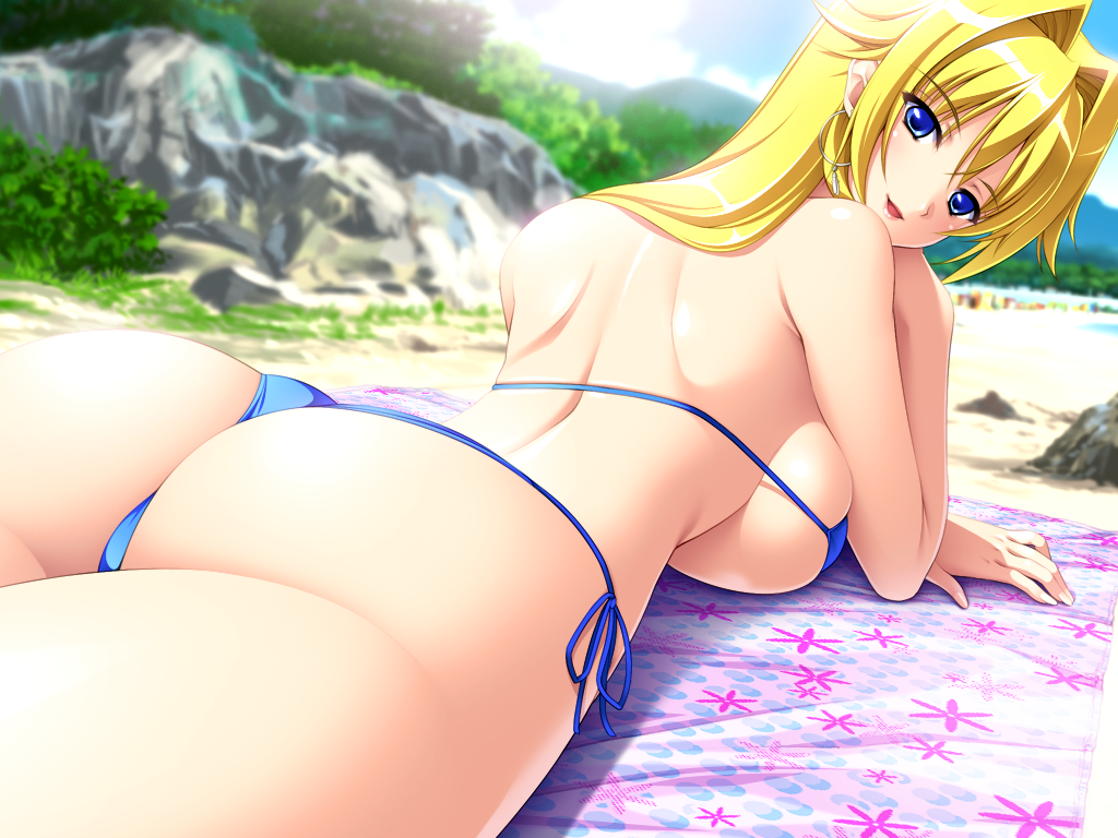 :d ass back bangs bare_arms bare_back bare_legs bare_shoulders beach beach_towel berochu! bikini blonde_hair blue_eyes blue_sky breasts bush cloud cloudy_sky cowboy_shot day earrings eyebrows_visible_through_hair from_behind game_cg grass hair_between_eyes hand_on_own_cheek hand_on_own_face head_rest hikami_yuria hoop_earrings jewelry large_breasts long_hair looking_at_viewer looking_back lying nakano_sora non-web_source ocean on_back on_stomach open_mouth outdoors pink_lips rock sand shoulder_blades side-tie_bikini sideboob sky smile solo string_bikini swimsuit thighs thong towel tree underboob water