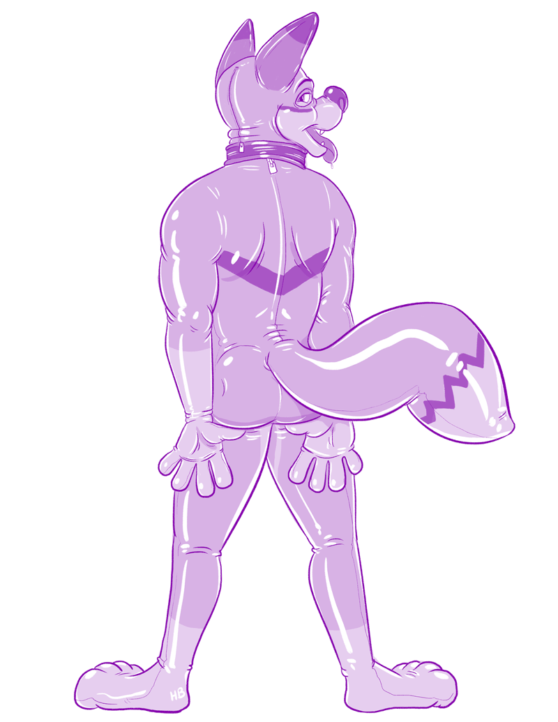 2017 4_toes anthro bodysuit butt canine clothed clothing collar coyote decafyote digital_drawing_(artwork) digital_media_(artwork) feet hornbuckle male mammal markings open_mouth rubber shiny simple_background skinsuit solo teeth tight_clothing toes tongue tongue_out white_background