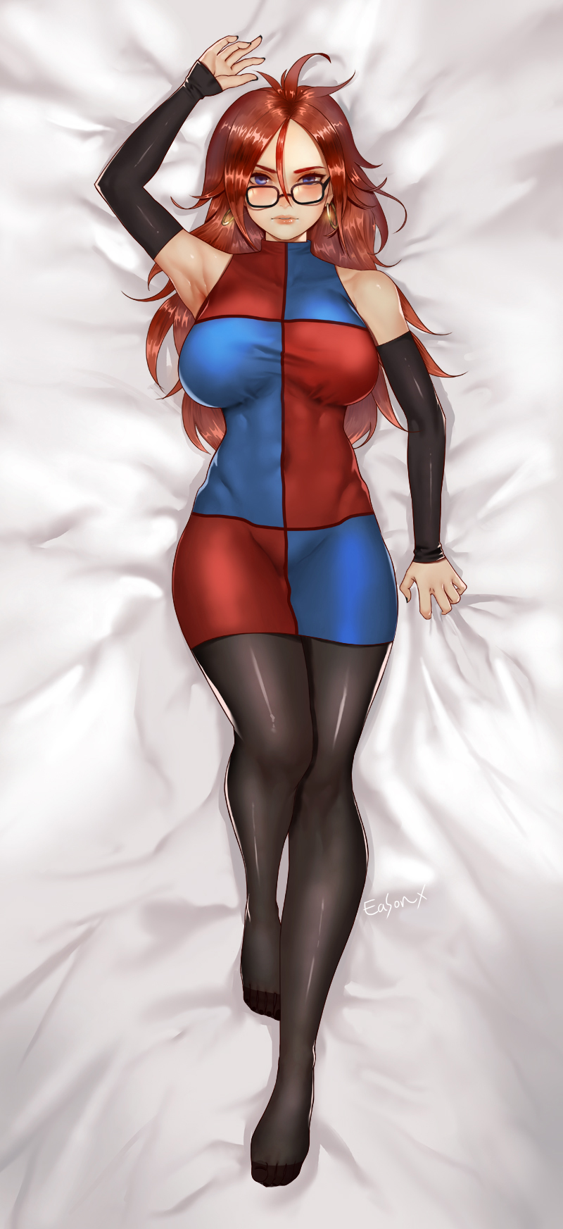android_21 armpits artist_name bare_shoulders bed_sheet black-framed_eyewear black_legwear blue_eyes blush breasts brown_hair checkered checkered_dress curly_hair dakimakura detached_sleeves dragon_ball dragon_ball_fighterz dress earrings easonx from_above glasses highres hoop_earrings jewelry labcoat large_breasts lips long_hair looking_at_viewer pantyhose pink_lips sheet_grab shiny shiny_clothes sleeveless sleeveless_dress solo