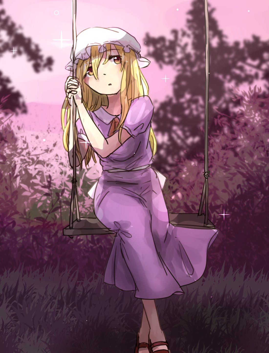 bangs blonde_hair commentary_request dress full_body grass hat highres long_hair maribel_hearn minus_(sr_mineka) mob_cap nature open_mouth outdoors purple_dress shoes short_sleeves sitting sky solo swing touhou white_hat