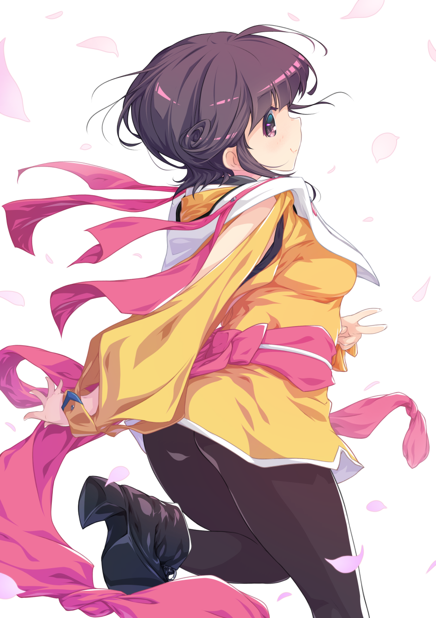 amano_ai ankle_boots ass bangs boots breasts closed_mouth commentary den'ei_shoujo highres japanese_clothes leg_up lips long_sleeves looking_at_viewer looking_back medium_breasts pantyhose petals purple_eyes purple_hair short_hair simple_background smile solo two9one v white_background