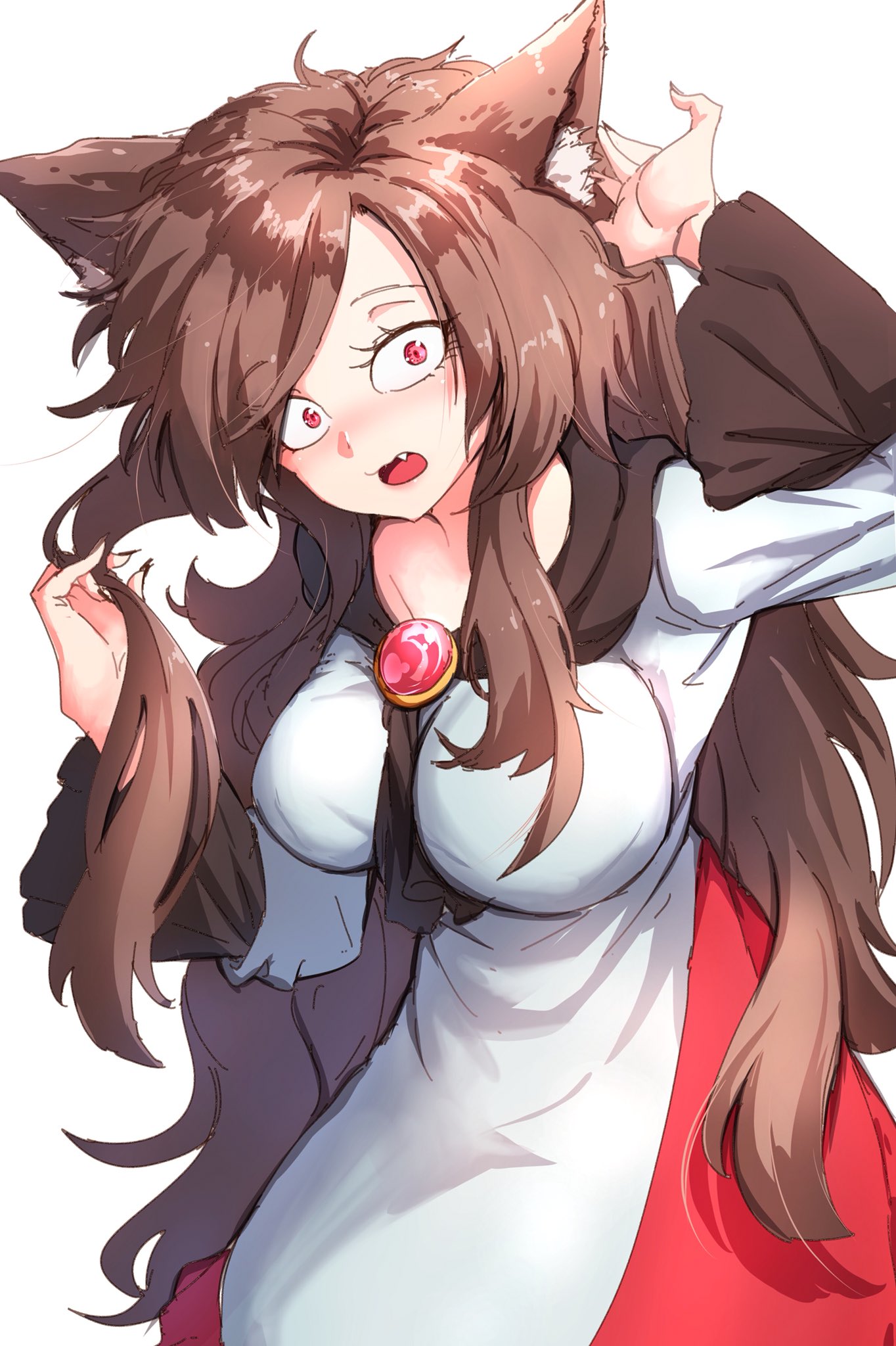animal_ears arm_up blush breasts brooch brown_hair darjeeling_(reley) dress fang highres imaizumi_kagerou jewelry large_breasts long_hair open_mouth red_eyes shiny shiny_hair sketch solo touhou very_long_hair wide-eyed wolf_ears