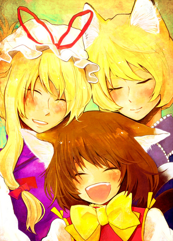 animal_ears blonde_hair brown_hair cat_ears chen closed_eyes family fox_ears happy hat k_kino multiple_girls no_hat no_headwear no_nose open_mouth slit_pupils smile touhou yakumo_ran yakumo_yukari