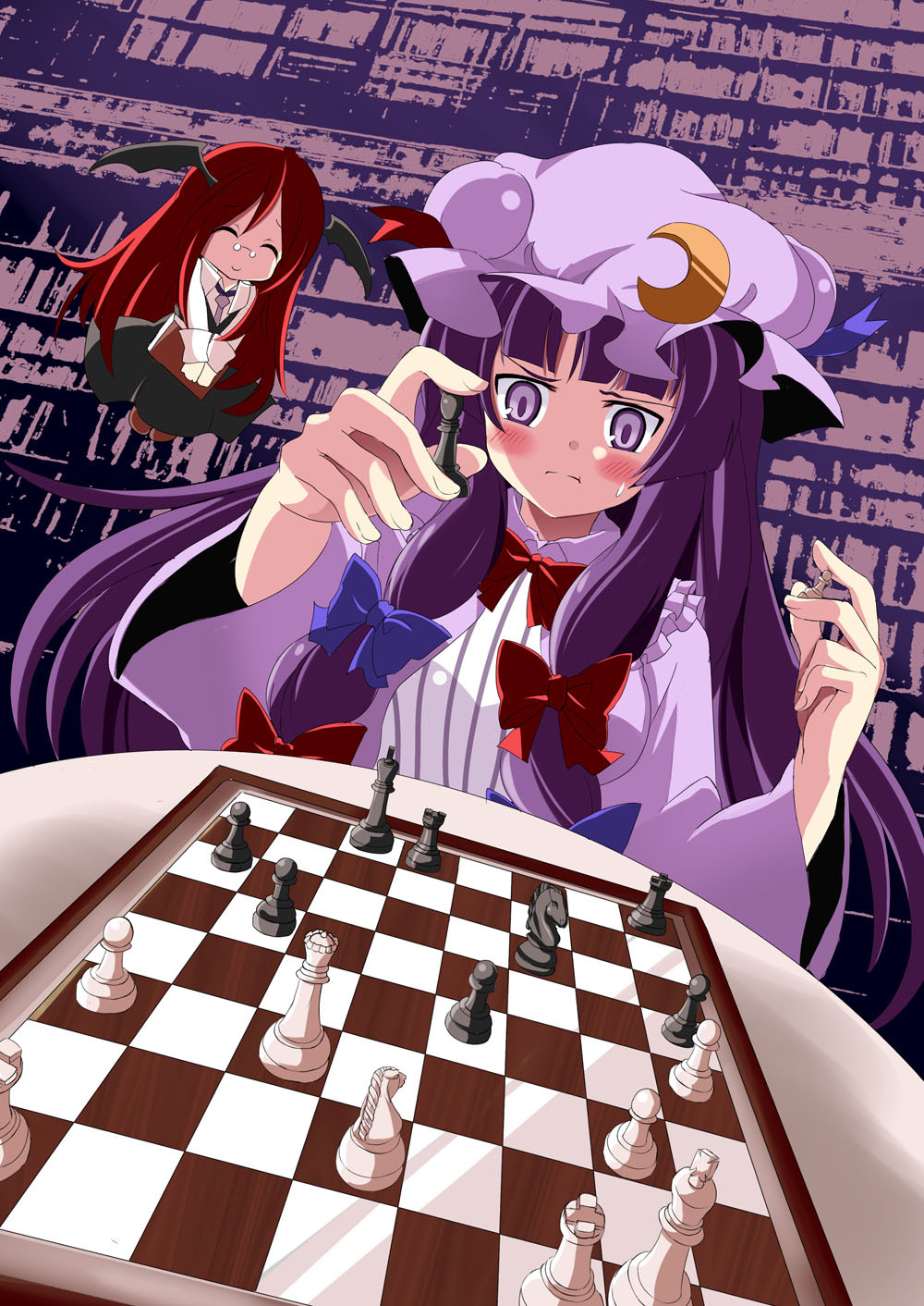 bat_wings be_(o-hoho) bespectacled blush board_game book bow bowtie chess chibi closed_eyes dress flying glasses hair_bow hair_ribbon hat head_wings highres koakuma long_hair multiple_girls patchouli_knowledge purple_eyes purple_hair red_hair ribbon sweat touhou wings