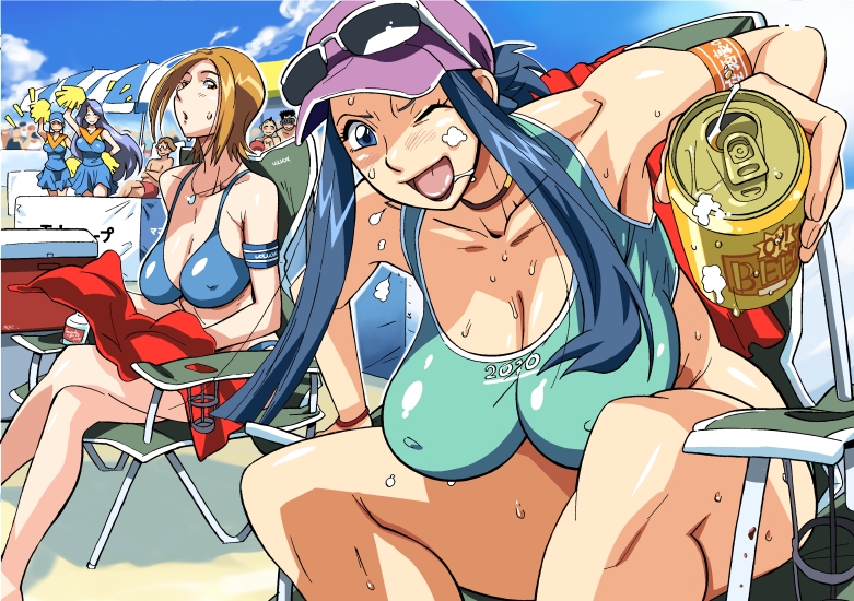 4girls ;d ^_^ alcohol aqua_bikini armband armpits baseball_cap beach beach_towel beach_umbrella beer bikini binoculars black_hair blue_bikini blue_eyes blue_hair blush bottle bracelet breasts can chair character_request cheerleader choker cirima cleavage closed_eyes cloud cooler covered_nipples crossed_arms crossed_legs curvy dated day eyewear_on_head hand_on_hip harukaze_keisuke hat holding huge_breasts impossible_clothes impossible_swimsuit jewelry large_breasts leaning_forward light_brown_hair long_hair looking_at_viewer majo_rin majo_tourbillon mature multiple_girls necklace ojamajo_doremi one_eye_closed open_mouth orange_hair orihime_(ojamajo_doremi) outdoors pendant pom_poms sagging_breasts senou_kouji short_hair sitting sky smile sports_bikini standing sunglasses sweat swimsuit thick_thighs thighs tongue towel umbrella very_long_hair water_bottle wide_hips