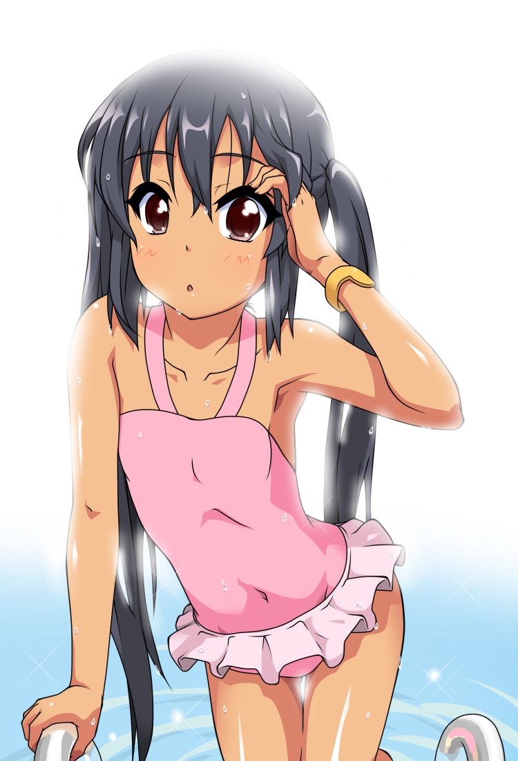 armpits black_hair brown_eyes casual_one-piece_swimsuit flat_chest k-on! k10k long_hair nakano_azusa one-piece_swimsuit pink_swimsuit solo swimsuit tan twintails water wet