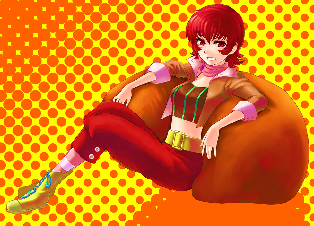 ascot cropped_jacket grin halftone halftone_background iria_animi midriff murasaki_(ekyu) orange_(color) orange_background red_eyes red_hair short_hair smile solo tales_of_(series) tales_of_innocence very_short_hair yellow_background