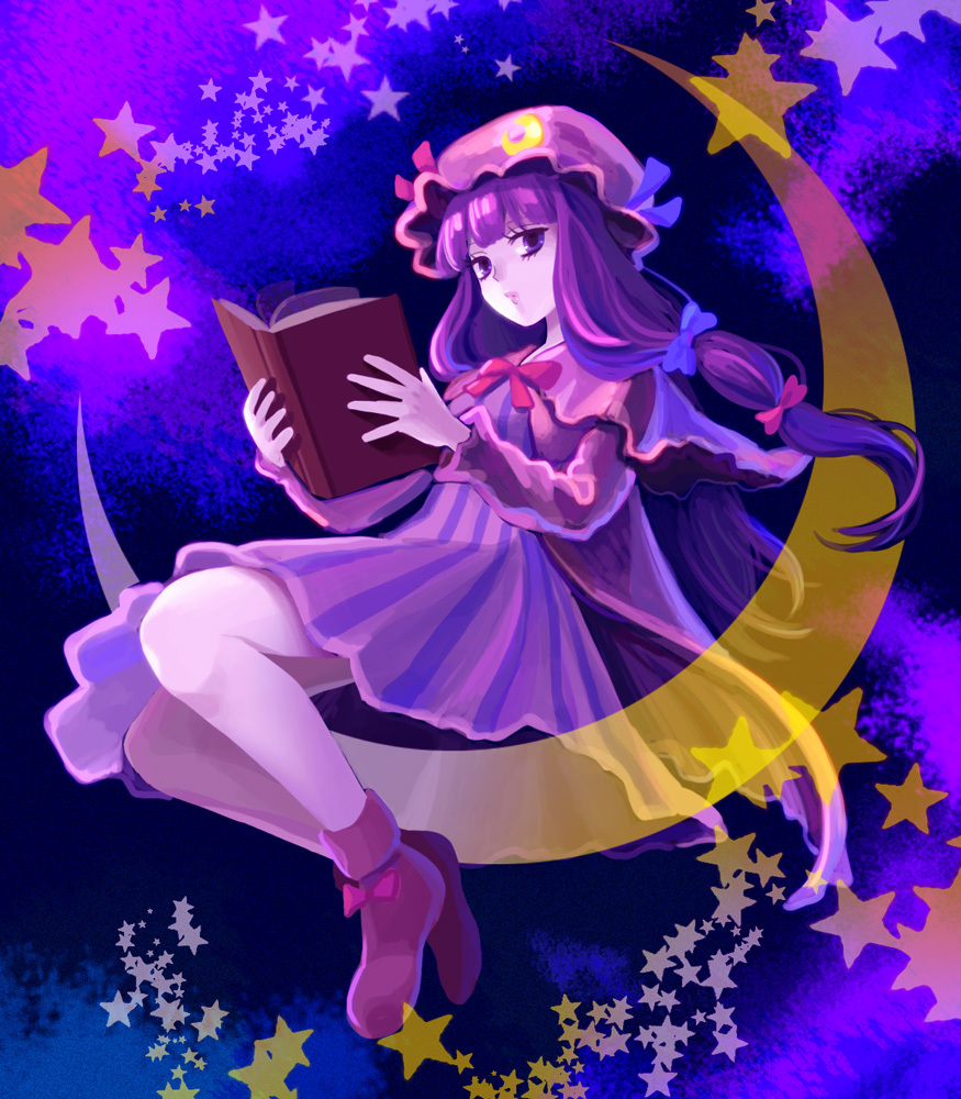 bad_id bad_pixiv_id book crescent hat jino long_hair patchouli_knowledge purple_eyes purple_hair solo star touhou