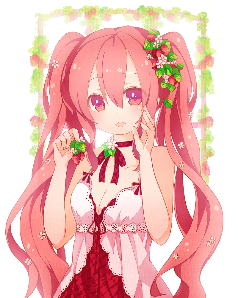 aruya_(flosrota) bad_id bad_pixiv_id breasts choker cleavage food fruit hands holding holding_food holding_fruit long_hair medium_breasts original pink_hair solo strawberry twintails very_long_hair