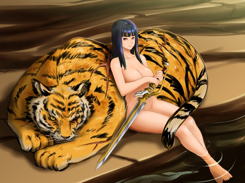 barefoot black_hair breasts brown_eyes fushisha_o hrist_valkyrie large_breasts long_hair nipples nude scar sitting soaking_feet solo sword tiger valkyrie_profile water weapon