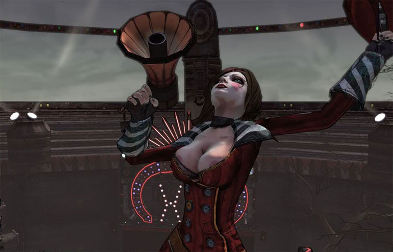 borderlands breasts choker fingerless_gloves formal gloves green_eyes hat lipstick mad_moxxi makeup medium_breasts megaphone mole nipples red_hair short_hair solo suit