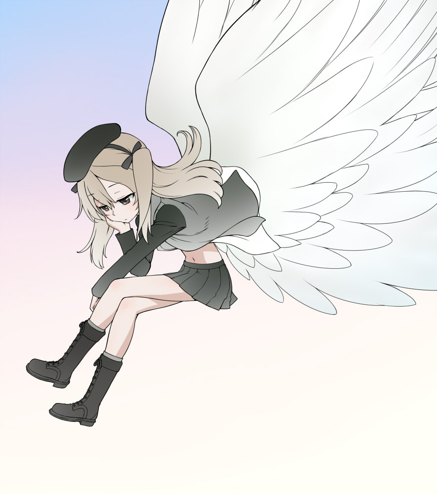 angel_wings bangs beret black_footwear black_hat black_jacket black_ribbon black_skirt boots brown_eyes chin_rest closed_mouth commentary_request cross-laced_footwear crossed_legs dress_shirt from_side full_body girls_und_panzer grey_legwear hair_ribbon hat invisible_chair jacket knee_boots light_brown_hair light_frown long_hair long_sleeves military military_uniform miniskirt navel open_clothes open_jacket open_shirt pleated_skirt ribbon selection_university_military_uniform shimada_arisu shirt side_ponytail sitting skirt socks solo uniform wata_do_chinkuru white_shirt wind wings