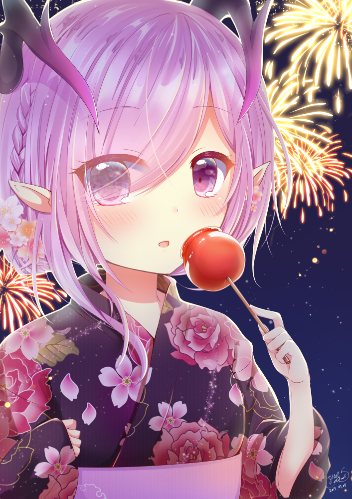 :d aerial_fireworks bangs blush braid candy_apple commentary_request demon_horns eyebrows_visible_through_hair eyes_visible_through_hair fireworks floral_print flower food hair_flower hair_ornament hair_over_one_eye holding holding_food horns japanese_clothes kimono long_sleeves looking_at_viewer night night_sky obi open_mouth oskulolu pink_flower pink_hair pointy_ears print_kimono purple_eyes purple_kimono sash shironeko_project short_hair_with_long_locks sidelocks sky smile solo star_(sky) starry_sky white_flower wide_sleeves yukata yukiyuki_441