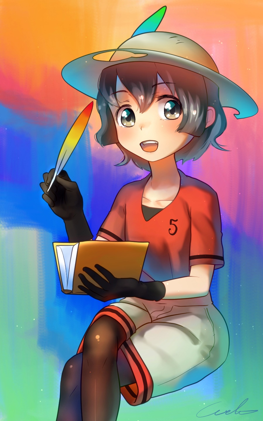 5 :d artist_name bangs black_gloves black_legwear book brown_hair collarbone commentary_request crossed_legs eyebrows_visible_through_hair feathers gloves gradient gradient_background hair_between_eyes hat hat_feather helmet highres holding holding_book kaban_(kemono_friends) kemono_friends looking_at_viewer multicolored multicolored_clothes multicolored_skirt number open_book open_mouth pantyhose pith_helmet red_shirt shirt short_hair short_sleeves shorts signature skirt smile solo striped striped_shirt welt_(kinsei_koutenkyoku)