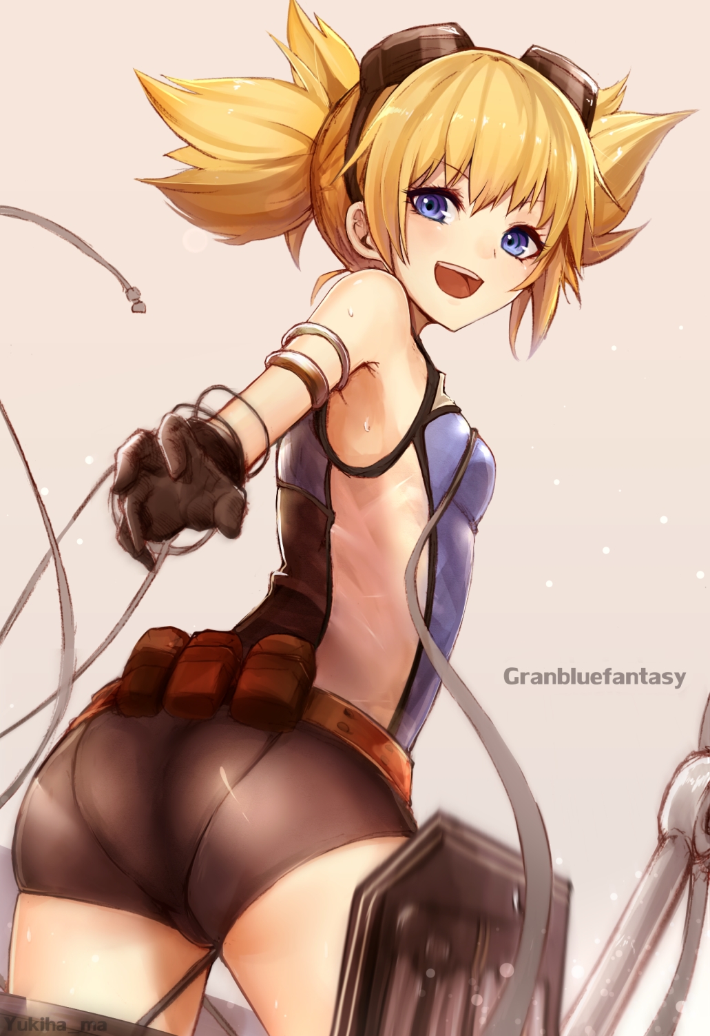 artist_name ass bad_id bad_pixiv_id bare_shoulders belt black_gloves blonde_hair blue_eyes copyright_name cowboy_shot fingerless_gloves from_behind gloves goggles goggles_on_head granblue_fantasy highres looking_at_viewer looking_back open_mouth pengy_(granblue_fantasy) short_hair short_shorts short_twintails shorts skindentation solo sweat twintails yukihama