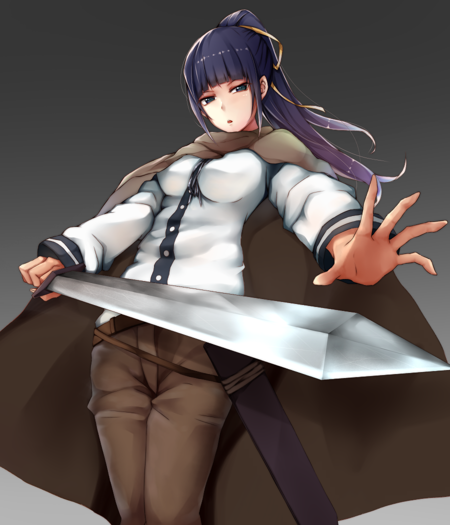 aeve bangs black_hair blue_eyes blunt_bangs breasts brown_legwear cape commentary_request foreshortening gradient gradient_background gradient_hair hair_ribbon high_ponytail holding holding_sword holding_weapon long_hair long_sleeves looking_at_viewer medium_breasts multicolored_hair narberal_gamma open_hand open_mouth overlord_(maruyama) purple_hair ribbon scabbard sheath shirt simple_background solo sword weapon white_shirt yellow_ribbon