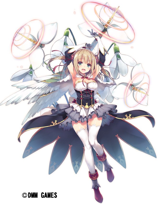 armpits arms_up bangs blonde_hair blue_eyes boots bow bowtie breasts cape capelet commentary copyright_name corset dress elbow_gloves eyebrows_visible_through_hair flower_knight_girl full_body gloves looking_at_viewer medium_breasts official_art open_mouth overskirt pleated_skirt short_dress short_hair simple_background skirt smile snowdrop_(flower_knight_girl) strapless strapless_dress thighhighs tomose_shunsaku twintails white_background white_legwear zettai_ryouiki