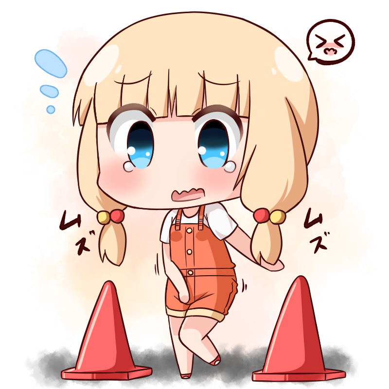 &gt;_&lt; bangs beads blue_eyes blush chibi commentary_request eyebrows_visible_through_hair flying_sweatdrops full_body hair_beads hair_ornament hana_kazari have_to_pee long_hair new_game! open_mouth overall_shorts red_footwear sakura_nene shirt short_sleeves sidelocks solo spoken_expression standing standing_on_one_leg tears traffic_cone wavy_mouth white_shirt