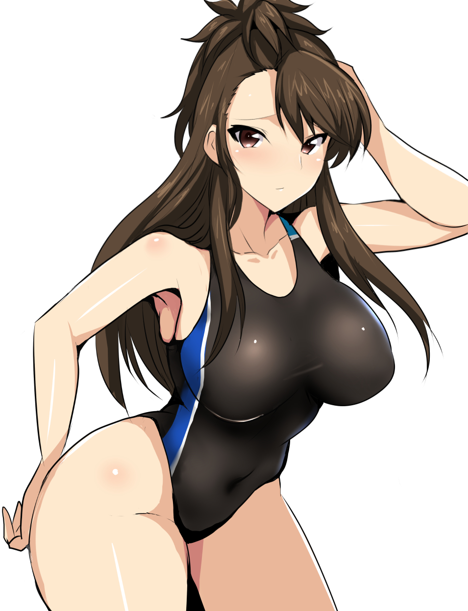 amaretto_(girls_und_panzer) arm_behind_back arm_behind_head asymmetrical_bangs bangs black_swimsuit breasts brown_eyes brown_hair closed_mouth competition_swimsuit covered_navel cowboy_shot girls_und_panzer highleg highleg_swimsuit highres koujun_(mugenzero) large_breasts leaning_forward light_frown long_hair looking_at_viewer one-piece_swimsuit simple_background solo standing swimsuit white_background