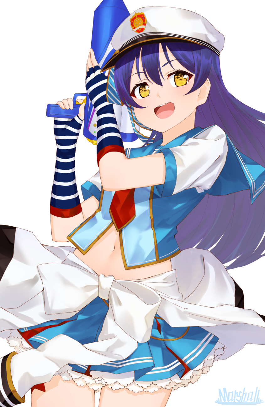 arms_up bangs blue_gloves blue_hair blush clothes_around_waist commentary_request cowboy_shot dress eyebrows_visible_through_hair fingerless_gloves gloves hair_between_eyes hat highres holding jacket_around_waist long_hair looking_at_viewer love_live! love_live!_school_idol_festival love_live!_school_idol_project marshall_(wahooo) navel open_mouth sailor_collar sailor_dress short_sleeves simple_background smile solo sonoda_umi striped striped_gloves toy_gun water_gun white_background yellow_eyes