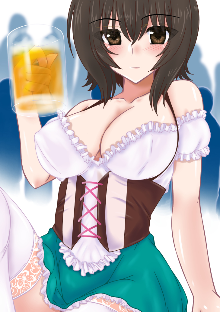 :| alcohol bangs beer beer_mug blouse blurry blurry_background blush breasts brown_eyes brown_hair cleavage closed_mouth commentary corset crowd cup dirndl eyebrows_visible_through_hair frilled_skirt frills german_clothes girls_und_panzer green_skirt holding holding_cup large_breasts looking_at_viewer miniskirt nishizumi_maho off_shoulder oktoberfest short_hair short_sleeves sitting skirt solo soushin_souma thighhighs white_blouse white_legwear