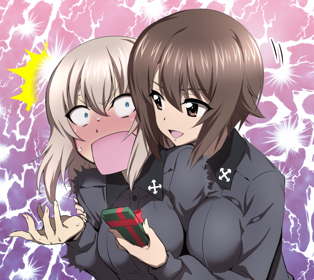 2girls arm_around_shoulder bangs blue_eyes blush breast_press brown_eyes brown_hair commentary constricted_pupils dress_shirt full-face_blush gift girls_und_panzer grey_shirt holding holding_gift hug hug_from_behind itsumi_erika kuromorimine_school_uniform lightning long_hair long_sleeves looking_at_another looking_back motion_lines multiple_girls nakahira_guy nishizumi_maho open_mouth school_uniform shirt short_hair silver_hair smile surprised sweat trembling upper_body v-shaped_eyebrows white_day