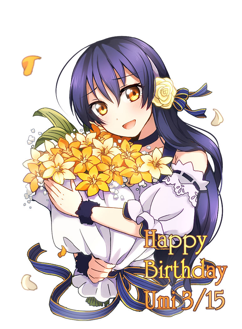 bangs birthday blue_hair bouquet character_name choker dated detached_sleeves english flower hair_flower hair_ornament hairband happy_birthday long_hair looking_at_viewer love_live! love_live!_school_idol_project misoradeko petals solo sonoda_umi wristband yellow_eyes