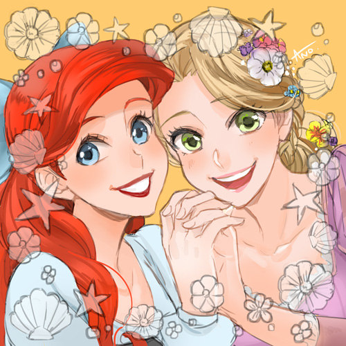 :d ano_(sbee) ariel_(disney) artist_name blonde_hair blue_eyes crossover disney dress eyebrows_visible_through_hair eyelashes fingernails flower green_eyes hair_flower hair_ornament hair_ribbon hands_clasped hands_together happy lipstick long_hair looking_at_viewer lowres makeup multiple_girls open_mouth orange_background own_hands_together purple_dress rapunzel_(disney) red_hair ribbon shell simple_background smile star tangled the_little_mermaid