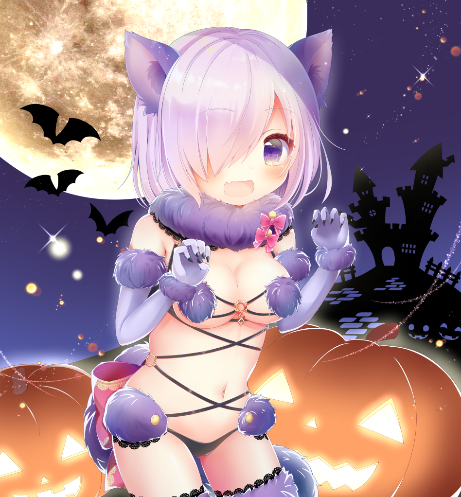 :d animal animal_ears bangs bare_shoulders bat black_panties blush breasts castle claw_pose cleavage commentary dangerous_beast elbow_gloves eyebrows_visible_through_hair fang fate/grand_order fate_(series) full_moon fur-trimmed_gloves fur-trimmed_legwear fur_collar fur_trim gloves hair_over_one_eye halloween halloween_costume hands_up jack-o'-lantern lace lace-trimmed_thighhighs large_breasts looking_at_viewer mash_kyrielight moon navel night night_sky o-ring o-ring_top open_mouth outdoors panties purple_eyes purple_gloves purple_hair revealing_clothes silhouette sky smile solo star_(sky) starry_sky tail thighhighs underwear wolf_ears wolf_girl wolf_tail yukiyuki_441