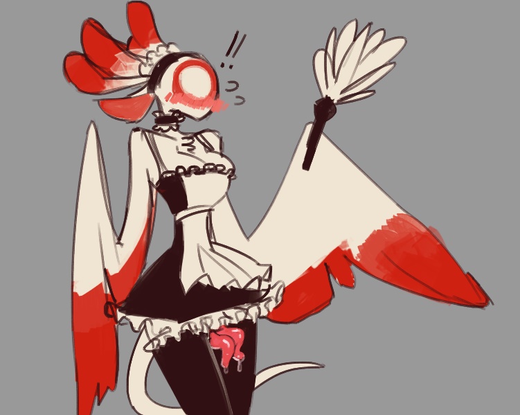 ! ? blush breasts chest_tuft clothed clothing dress eyeless feather_duster feathers female humanoid maid_uniform monster myheartpumpspiss not_furry pussy_juice solo surprise tentacles tuft uniform unusual_pussy wings
