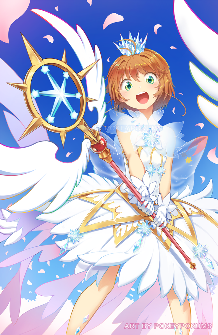 artist_name blue_background cardcaptor_sakura cherry_blossoms commentary crown dress feet_out_of_frame foreshortening from_below gloves green_eyes happy kinomoto_sakura looking_at_viewer looking_down magical_girl open_mouth orange_hair pokey sleeveless sleeveless_dress smile solo staff standing wand watermark white_dress white_gloves yume_no_tsue