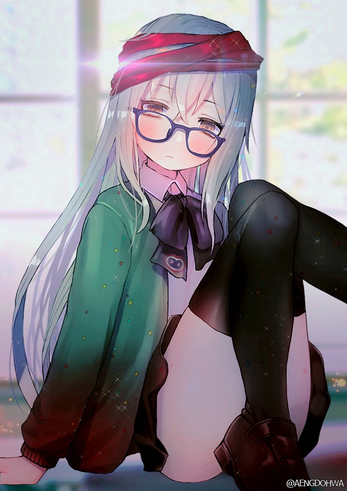 alternate_costume bangs black_legwear blue-framed_eyewear blush brown_eyes brown_footwear closed_mouth collared_shirt commentary confetti crossed_bangs eyebrows_visible_through_hair g11_(girls_frontline) girls_frontline glasses green_sweater hair_between_eyes hanato_(seonoaiko) lens_flare loafers long_hair looking_at_viewer neck_ribbon open_clothes ribbon scarf scarf_on_head school_uniform shirt shoes sidelocks silver_hair sitting skirt solo sparkle sweater thighhighs thighs twitter_username very_long_hair white_shirt window