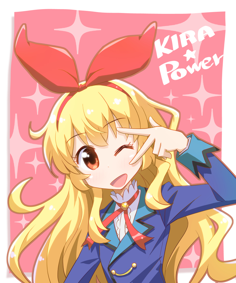 ;d aikatsu! aikatsu!_(series) bangs birthday blonde_hair commentary_request english hairband happy_birthday hoshimiya_ichigo long_sleeves looking_at_viewer one_eye_closed open_mouth orange_eyes red_ribbon ribbon school_uniform smile solo starlight_academy_uniform takeuchi_motoki v_over_eye