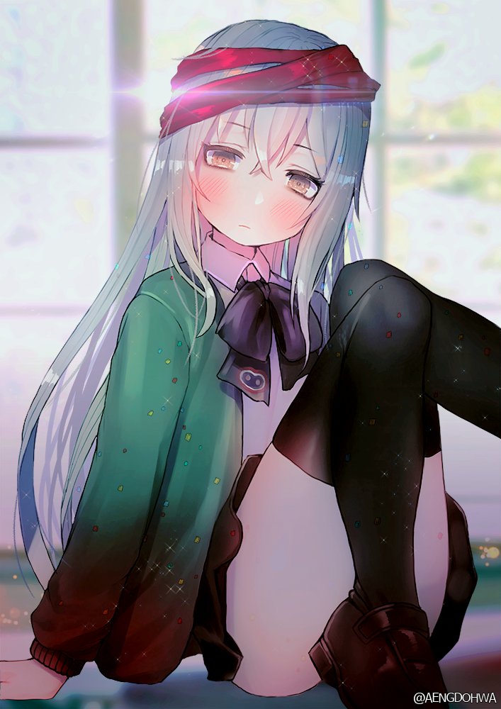 alternate_costume bangs black_legwear blush brown_eyes brown_footwear closed_mouth collared_shirt confetti crossed_bangs eyebrows_visible_through_hair g11_(girls_frontline) girls_frontline green_sweater hair_between_eyes hanato_(seonoaiko) lens_flare loafers long_hair looking_at_viewer neck_ribbon open_clothes ribbon scarf scarf_on_head school_uniform shirt shoes sidelocks silver_hair sitting skirt solo sparkle sweater thighhighs thighs twitter_username very_long_hair white_shirt window