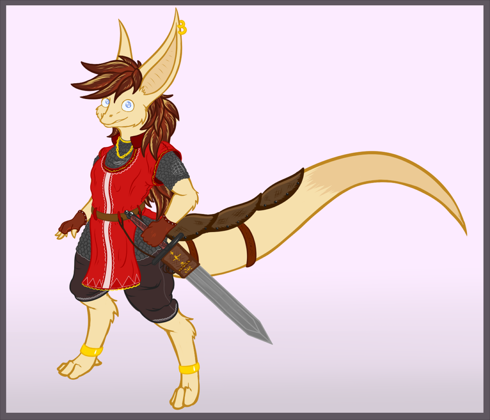 2015 anthro armor blue_eyes brown_hair clothing digital_media_(artwork) digitigrade dragon ear_piercing fur furred_dragon hair jewelry male melee_weapon mirroid mirroidal piercing sheidan_(mirroidal) simple_background smile solo sword tan_fur tunic weapon