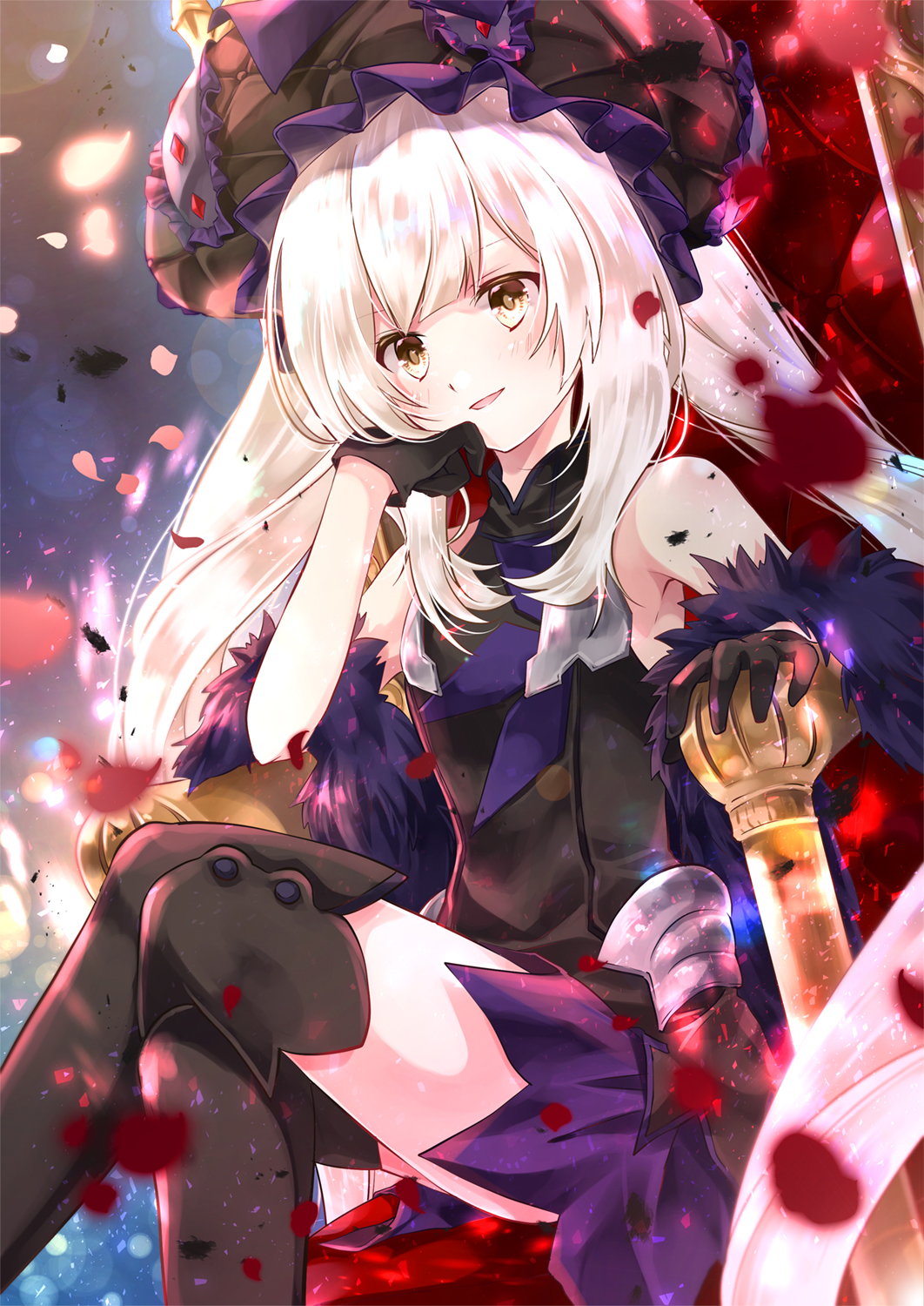 alternate_color black_gloves black_legwear commentary_request crossed_legs fate/grand_order fate_(series) gloves hat highres iroha_(shiki) long_hair marie_antoinette_(fate/grand_order) parted_lips petals rose_petals silver_hair sitting sleeveless smile solo thighhighs throne twintails very_long_hair yellow_eyes