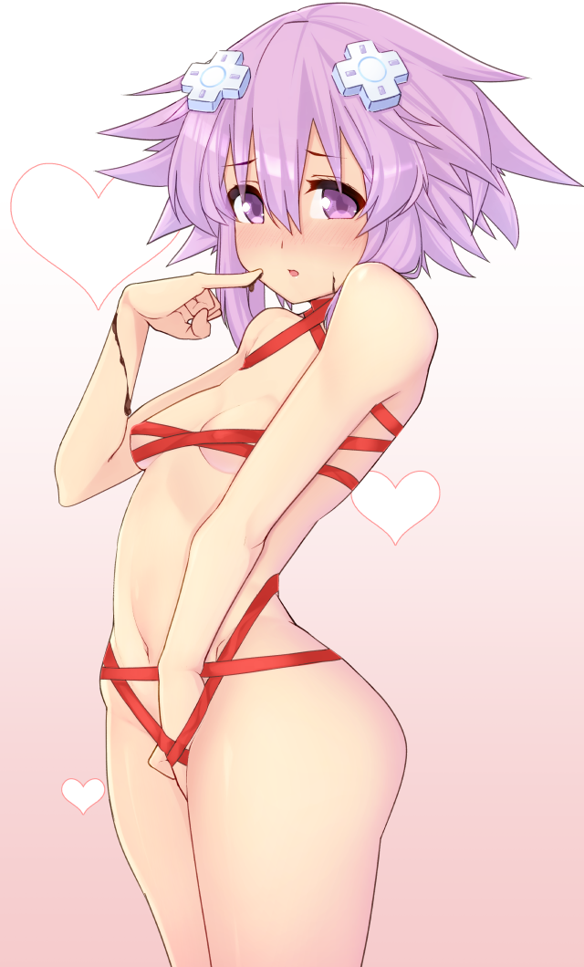ass between_legs blush breasts chocolate cowboy_shot d-pad d-pad_hair_ornament dura from_side hair_between_eyes hair_ornament hand_between_legs heart heart_background looking_at_viewer naked_ribbon navel neptune_(choujigen_game_neptune) neptune_(series) open_mouth pointing pointing_at_self purple_eyes purple_hair ribbon short_hair small_breasts solo thighs valentine