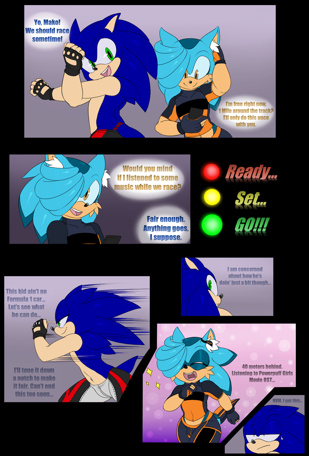 cellphone clothing comic competition confident disappointed duo ear_tuft fingerless_gloves girly gloves green_eyes hairstyle happy hedgehog jog mako male mammal markings phone running sonic_(series) sonic_the_hedgehog spandex sports_gear sweat thick_thighs tight_clothing tuft xx_g.u.n_xx yellow_eyes