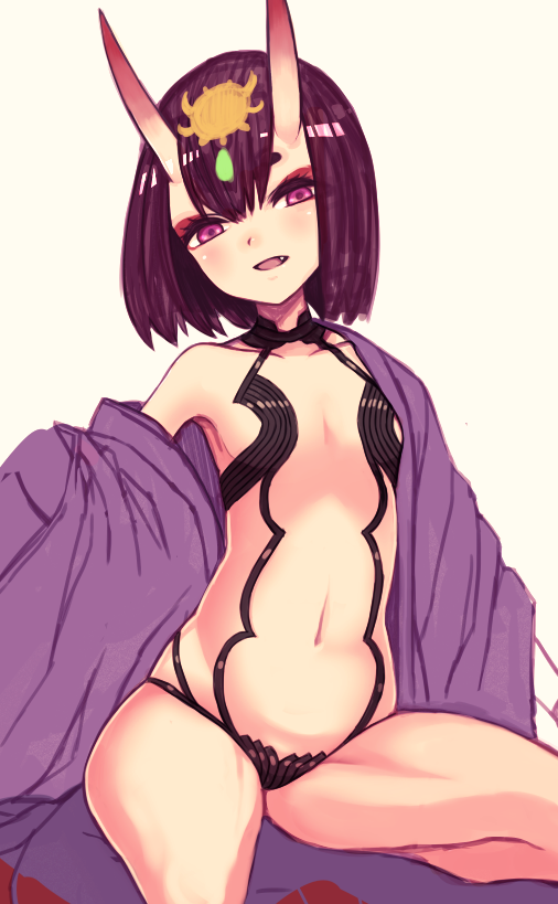 bangs bare_shoulders blue_eyes blush bob_cut breasts collarbone eyelashes eyeshadow fang fate/grand_order fate_(series) groin hair_between_eyes head_tilt headpiece hoshitetsu_ringo japanese_clothes legs_apart makeup midriff navel off_shoulder oni oni_horns open_mouth pink_eyes purple_hair revealing_clothes short_hair shuten_douji_(fate/grand_order) simple_background single_bare_shoulder small_breasts smile solo stomach straight_hair