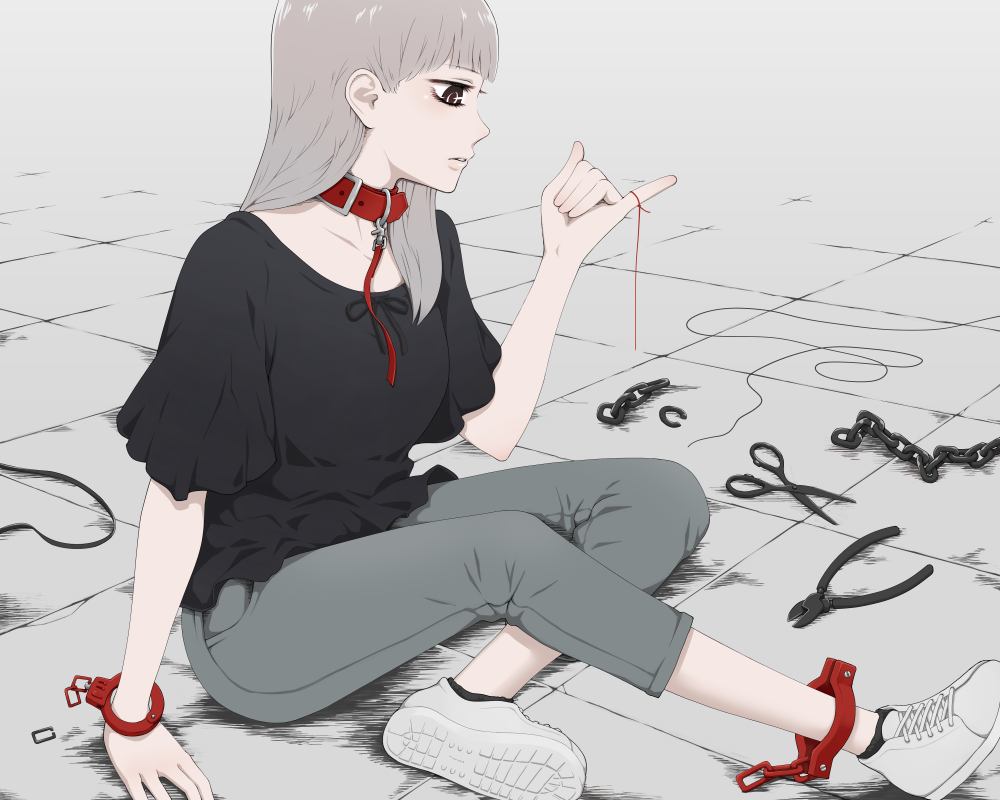 \n/ bangs black_shirt chain choker closed_mouth collar commentary crossed_legs cuffs grey_background grey_hair grey_pants long_hair looking_away original pants red_string shackles shirt sitting solo string wire_cutters yajirushi_(chanoma)