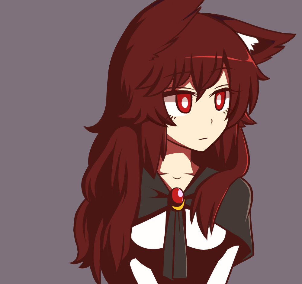 animal_ears bright_pupils brooch brown_hair expressionless grey_background imaizumi_kagerou jewelry long_hair looking_away red_eyes simple_background solo touhou upper_body white_pupils wolf_ears wool_(miwol)