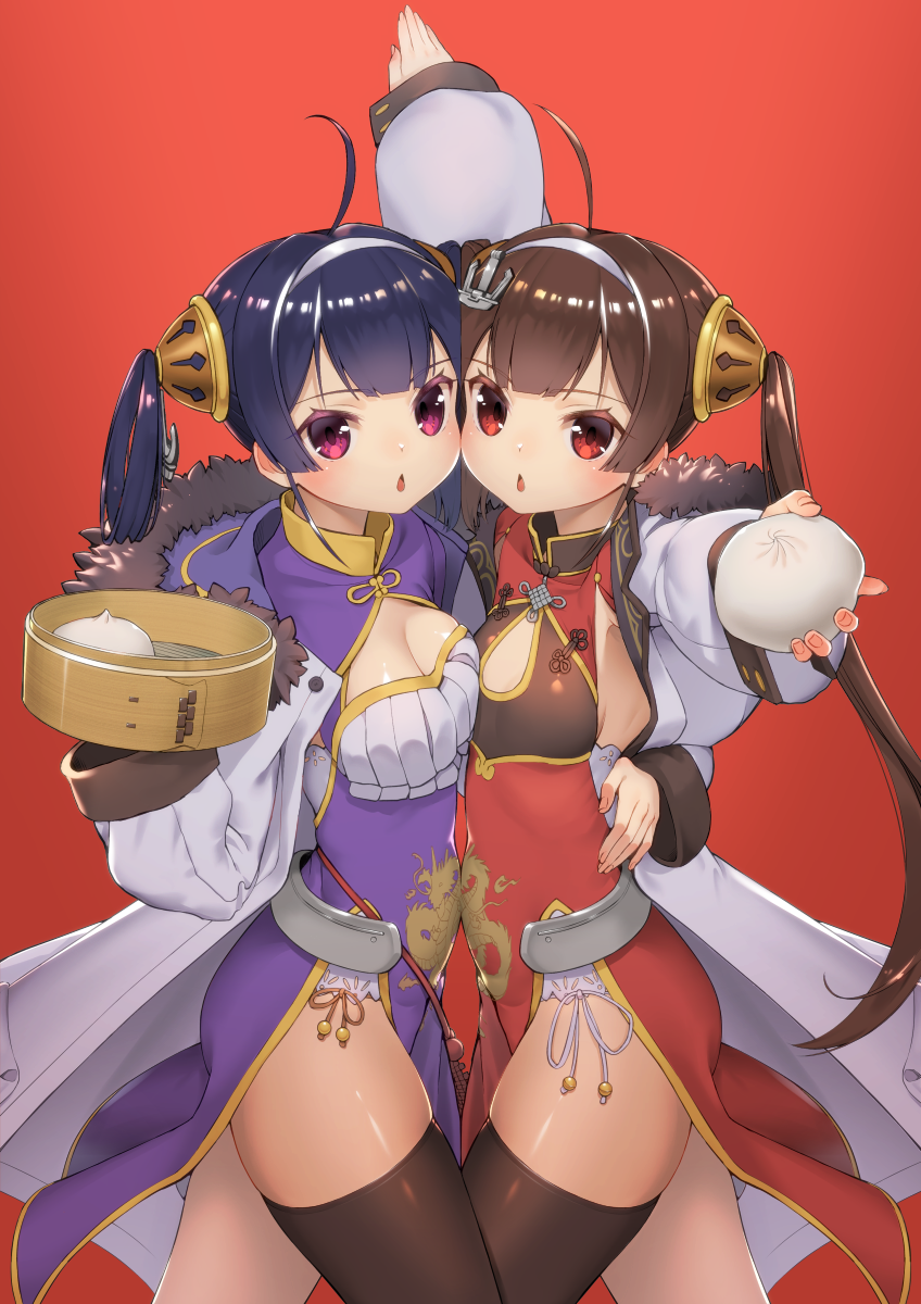 :o ahoge arm_around_waist arm_up armpit_cutout armpits asymmetrical_docking azur_lane bamboo_steamer bangs baozi black_legwear blunt_bangs blush breast_press breasts brown_hair brown_ribbon cheek-to-cheek chestnut_mouth chinese cleavage cleavage_cutout coat colored_eyelashes commentary_request cowboy_shot dragon_print dress eyebrows_visible_through_hair flat_chest food forest fur-trimmed_coat fur_trim hair_ribbon hairband highres holding holding_food jacket_on_shoulders long_hair long_sleeves looking_at_viewer medium_breasts multiple_girls nature ning_hai_(azur_lane) open_mouth outstretched_arm panties pelvic_curtain ping_hai_(azur_lane) pink_eyes print_dress purple_dress purple_hair red_background red_dress red_eyes ribbon saruchitan shiny shiny_hair side-tie_panties single_thighhigh standing tareme thighhighs twintails underwear white_coat white_hairband white_ribbon