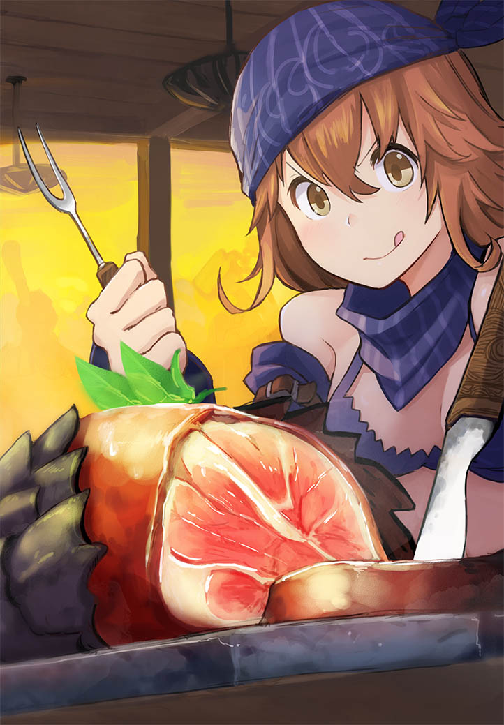 :q arashishi bandana bangs bare_shoulders blue_bandana breasts brown_eyes brown_hair closed_mouth commentary_request detached_sleeves fantasy food fork hair_between_eyes holding holding_fork indoors knife long_sleeves meat medium_breasts original sky smile solo sunset tongue tongue_out v-shaped_eyebrows yellow_sky