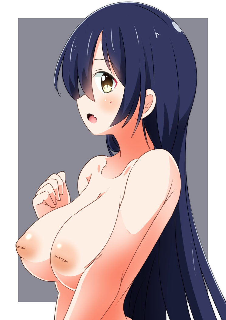 :o bangs blue_hair breasts clenched_hand fang from_side grey_hair hand_up inverted_nipples large_breasts long_hair love_live! love_live!_school_idol_project naruse_mai nipples nude simple_background solo sonoda_umi upper_body yellow_eyes