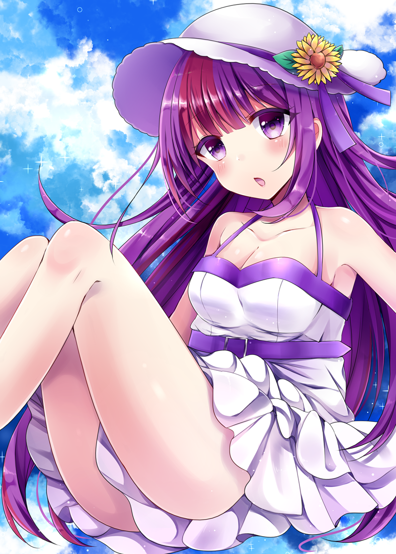 bangs bare_shoulders blunt_bangs blush breasts cleavage dress flower hat hat_flower long_hair looking_at_viewer marie_marie medium_breasts minami_saki multicolored_hair open_mouth pink_hair purple_eyes purple_hair sleeveless sleeveless_dress solo sound_horizon sun_hat sundress sunflower vanishing_starlight white_dress